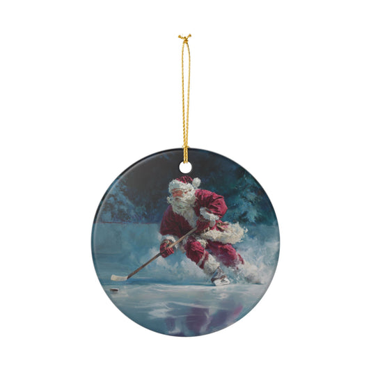 Ceramic Ornament — Vintage Santa Playing Ice Hockey Holiday Decoration