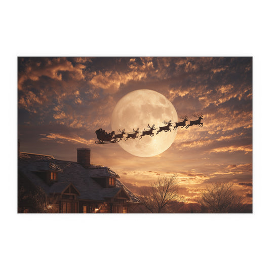 Santa’s Sleigh Over Full Moon Silk Paper Print — Indoor & Outdoor Holiday Wall Art