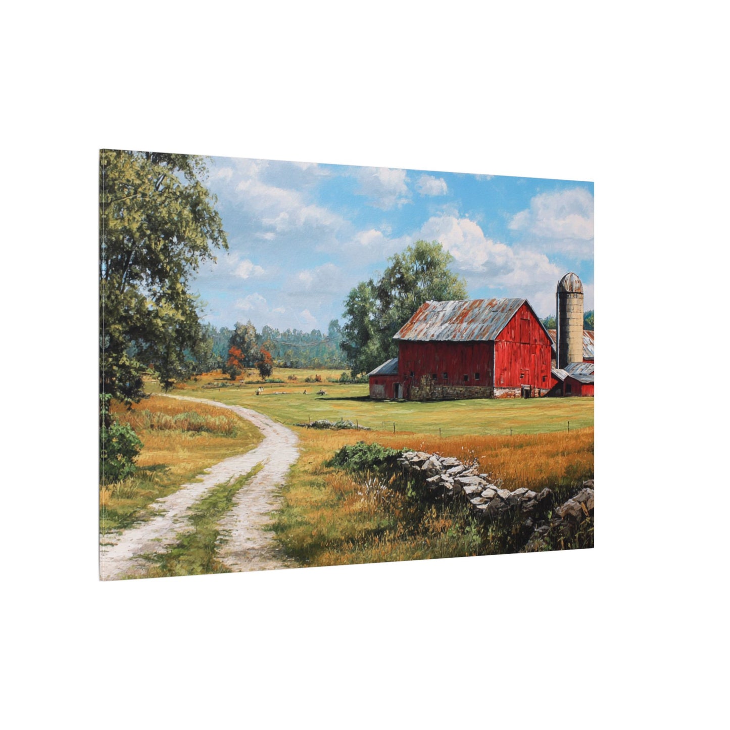 Country Farmhouse Canvas Wall Art — Red Barn Road Landscape Matte Stretched Print