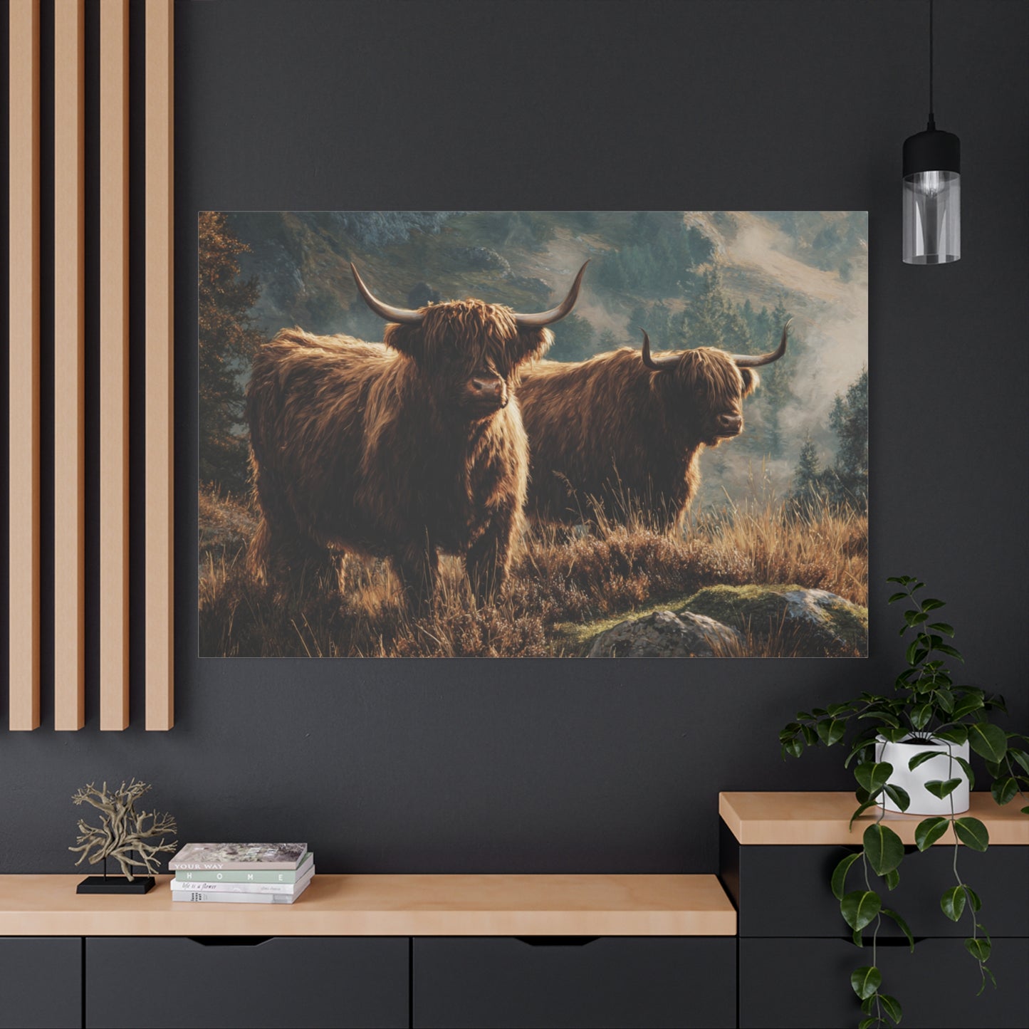 Highland Cow Canvas Print – Rustic Scottish Cattle Landscape Wall Art
