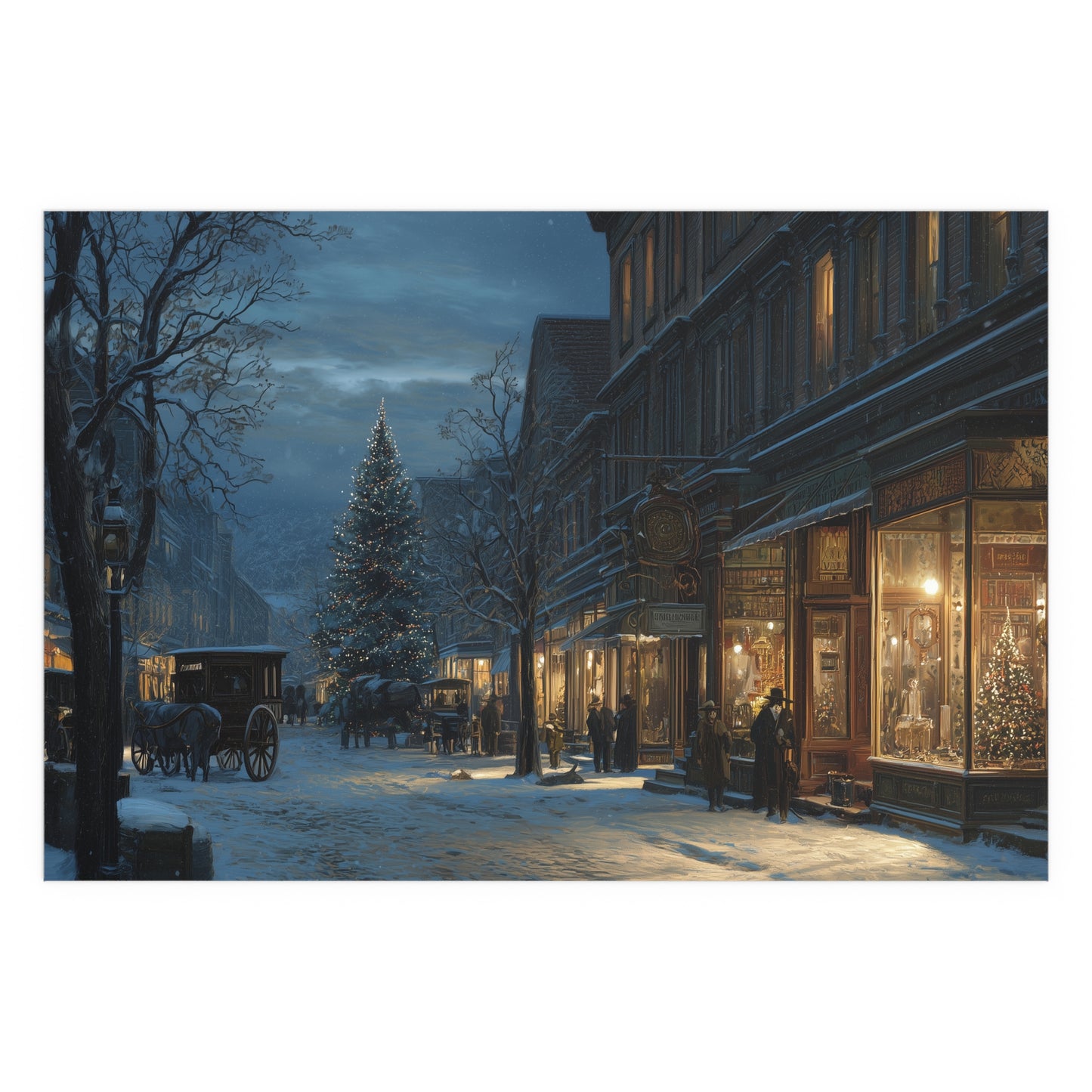 Victorian Christmas Street Silk Paper Print — Snowy Night Holiday Print