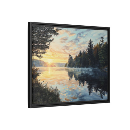 Sunrise Lake Framed Canvas Print — Forest Reflection Wall Art