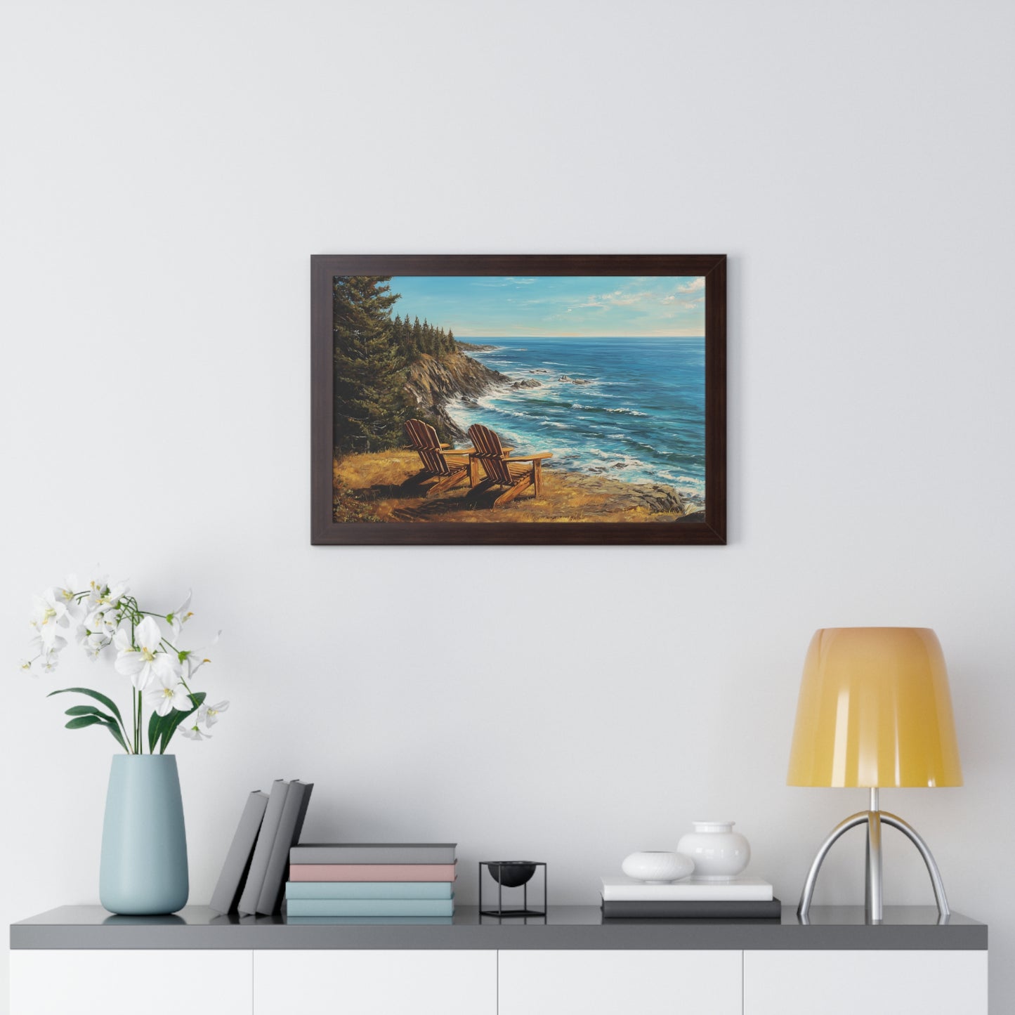 Coastal Clifftop Adirondack Chairs Framed Print — Beach Landscape Wall Art