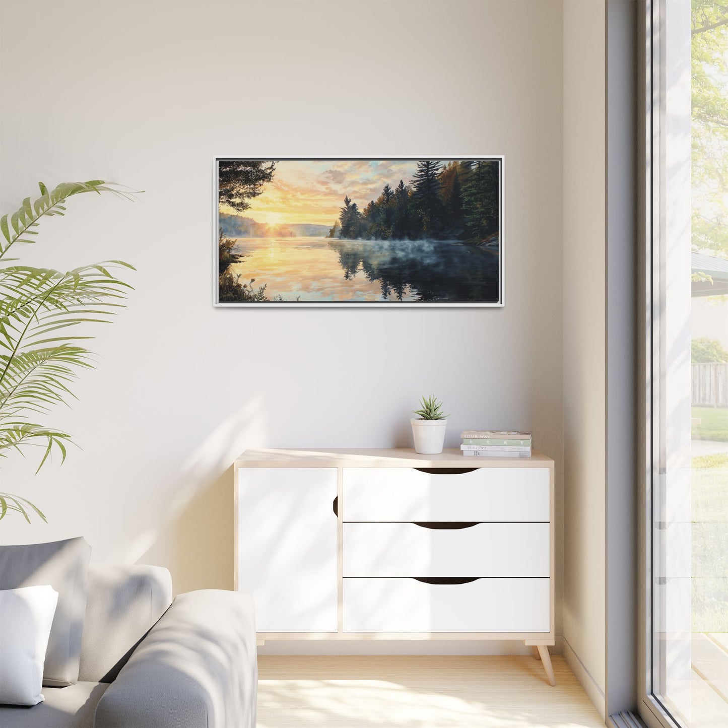 Sunrise Lake Framed Canvas Print — Forest Reflection Wall Art