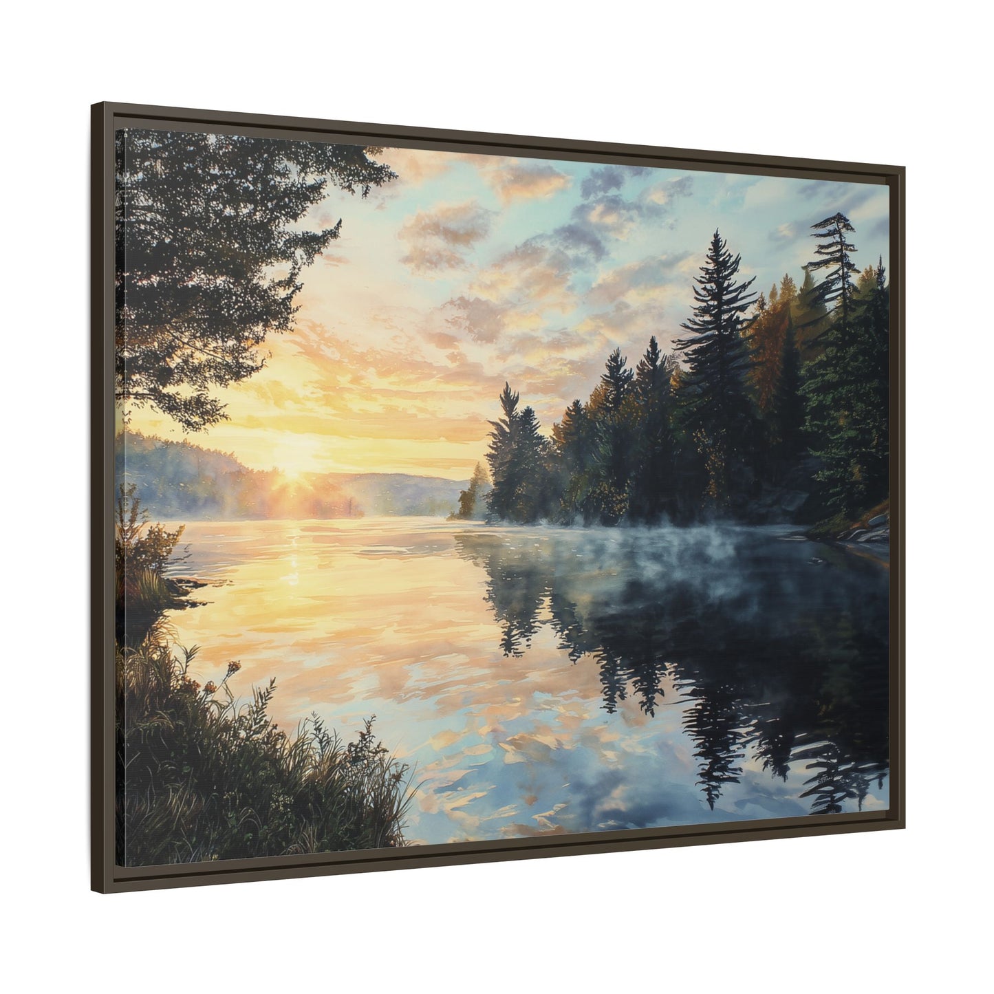 Sunrise Lake Framed Canvas Print — Forest Reflection Wall Art