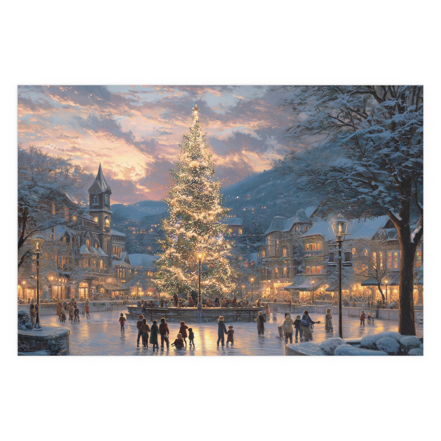 Christmas Village on Skates Silk Print — Illuminated Holiday Tree Winter Scene