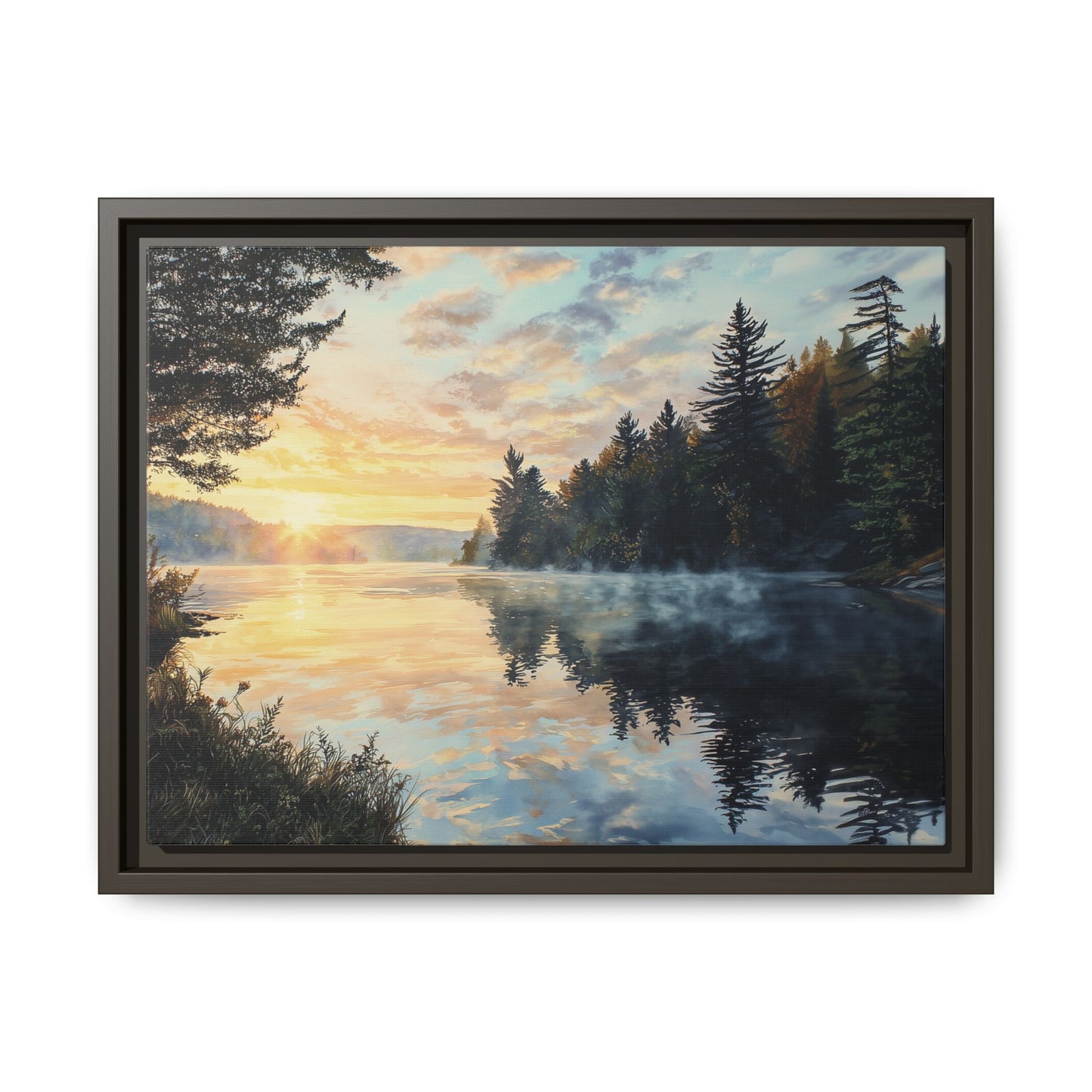 Sunrise Lake Framed Canvas Print — Forest Reflection Wall Art