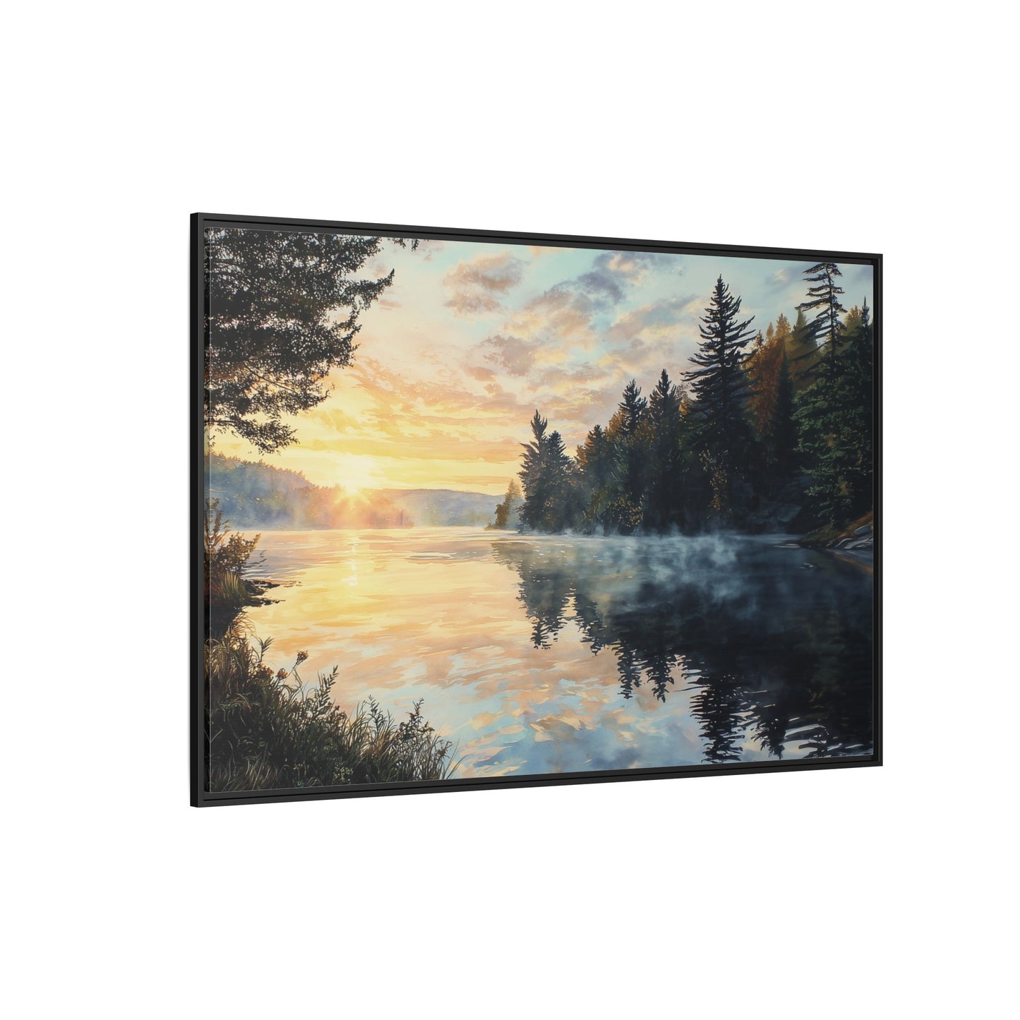 Sunrise Lake Framed Canvas Print — Forest Reflection Wall Art