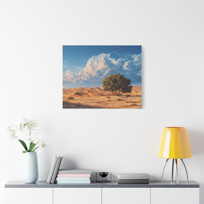 Desert Solitude Canvas Print — Lone Tree in Golden Dunes Matte Stretched Wall Art