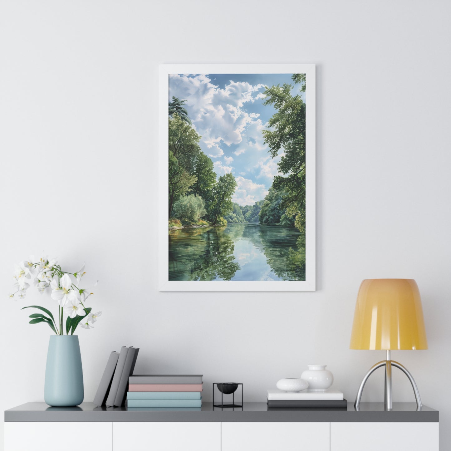 Serene River Landscape Wall - Framed Vertical Print