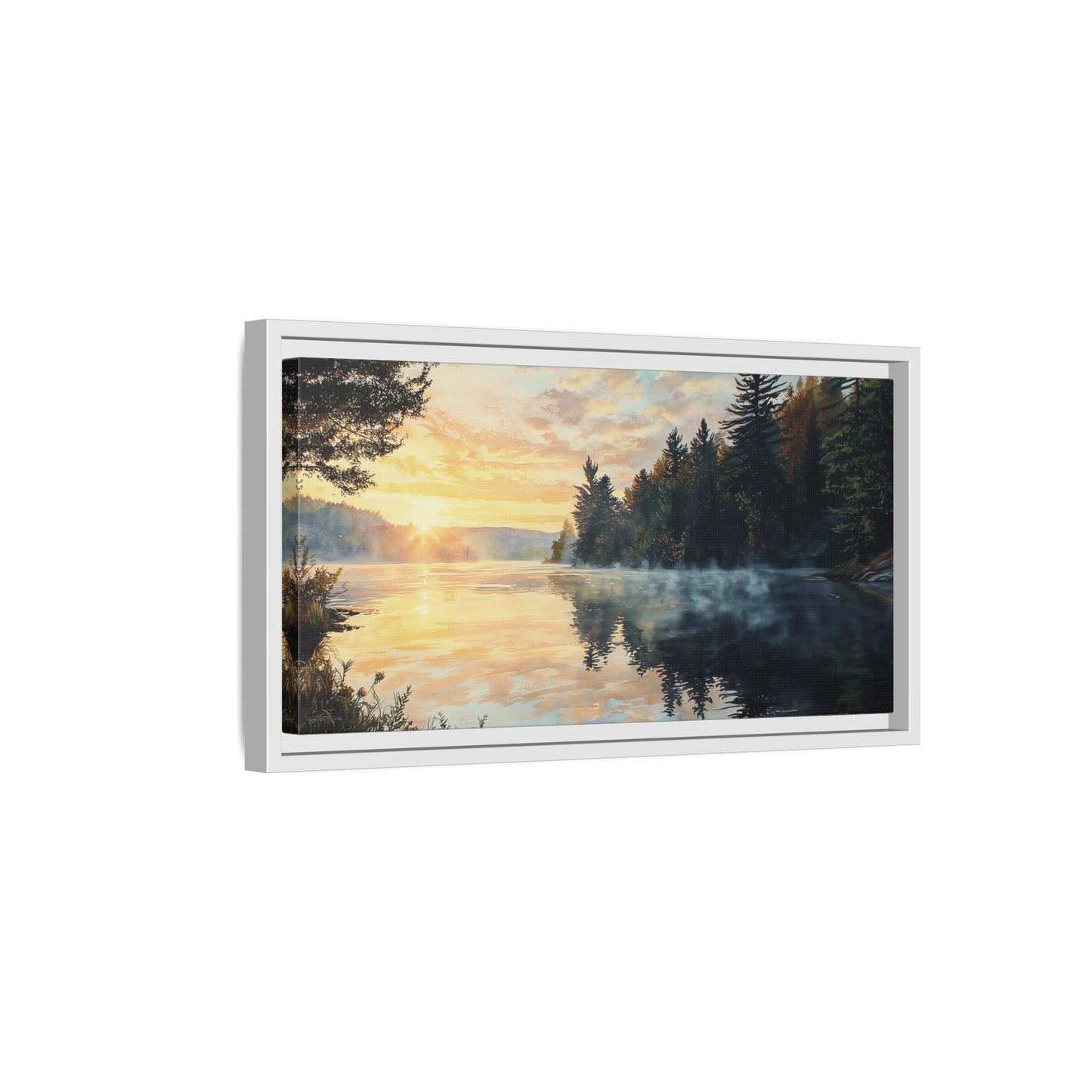Sunrise Lake Framed Canvas Print — Forest Reflection Wall Art