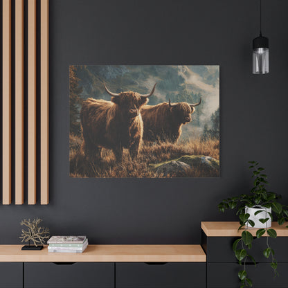 Highland Cow Canvas Print – Rustic Scottish Cattle Landscape Wall Art