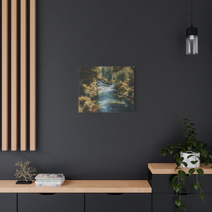 River Fishing Canvas Wall Art — Serene Forest Stream Matte Stretched Print