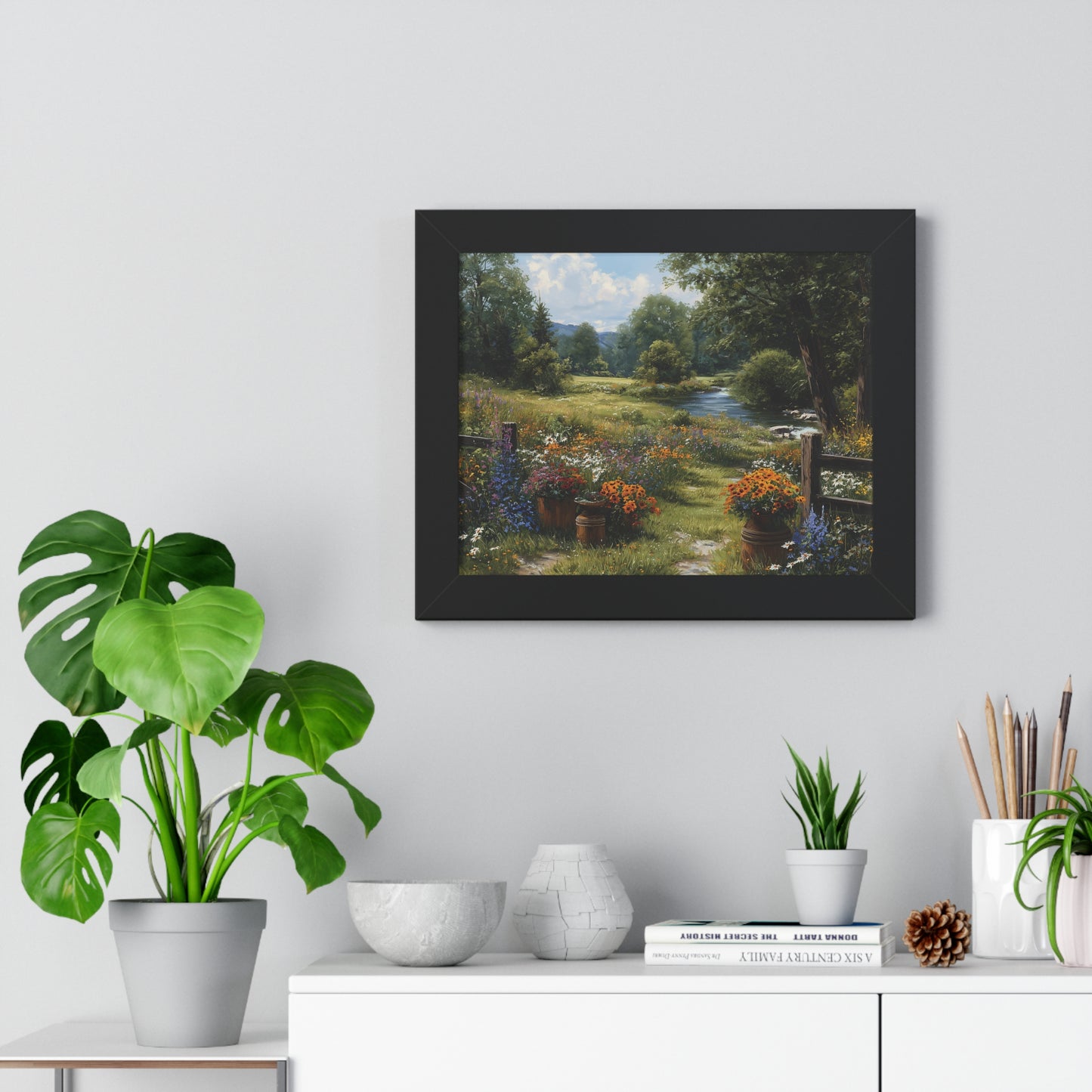 Serene Country Meadow Landscape Print - Framed Print