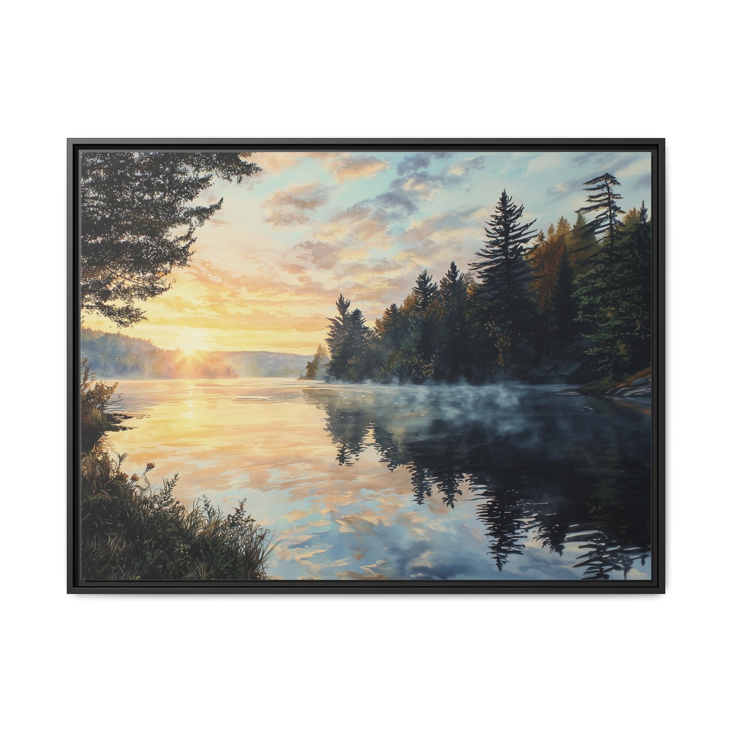 Sunrise Lake Framed Canvas Print — Forest Reflection Wall Art
