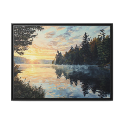 Sunrise Lake Framed Canvas Print — Forest Reflection Wall Art
