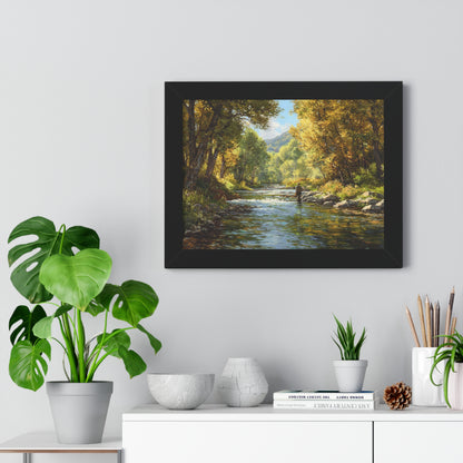 River Fly Fishing Art Print for Cabin & Living Room - Framed Landscape Print