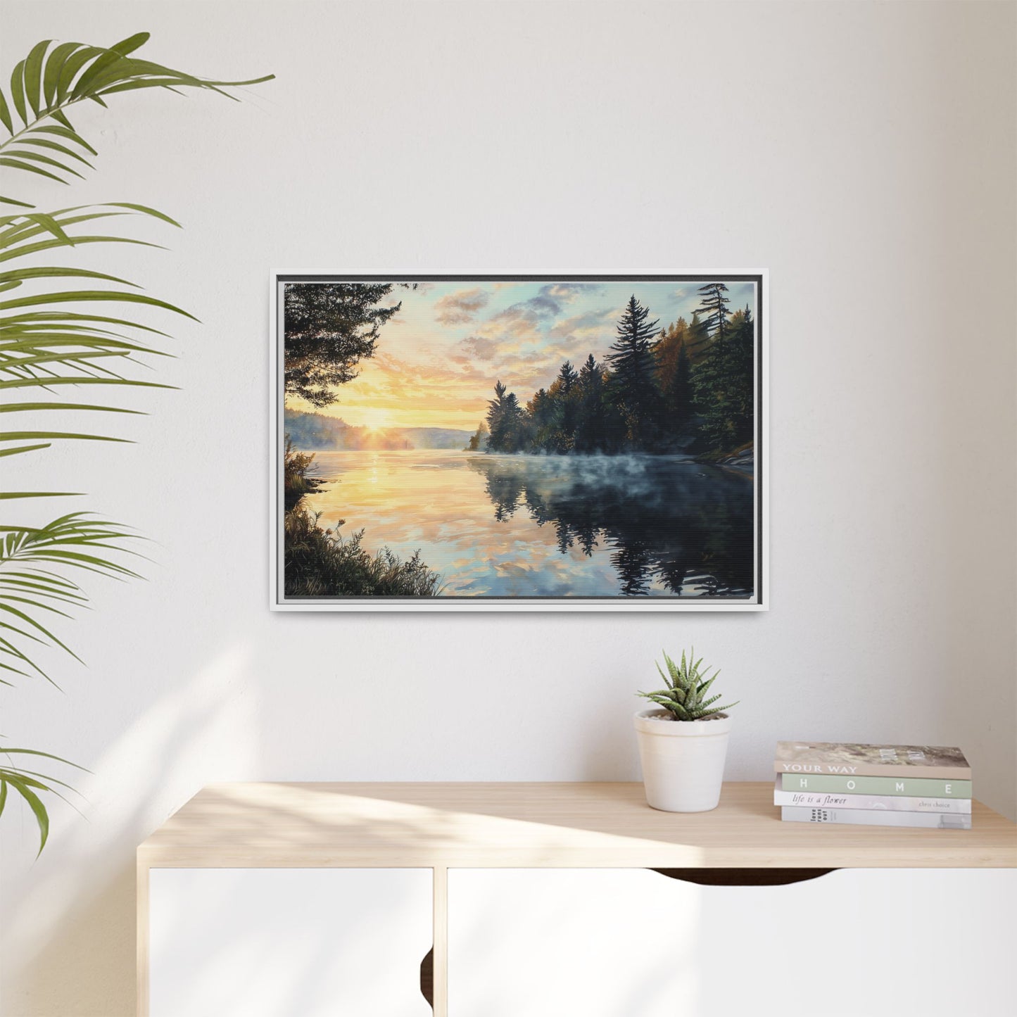 Sunrise Lake Framed Canvas Print — Forest Reflection Wall Art