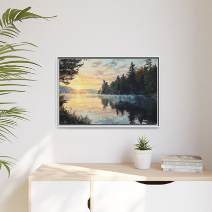 Sunrise Lake Framed Canvas Print — Forest Reflection Wall Art