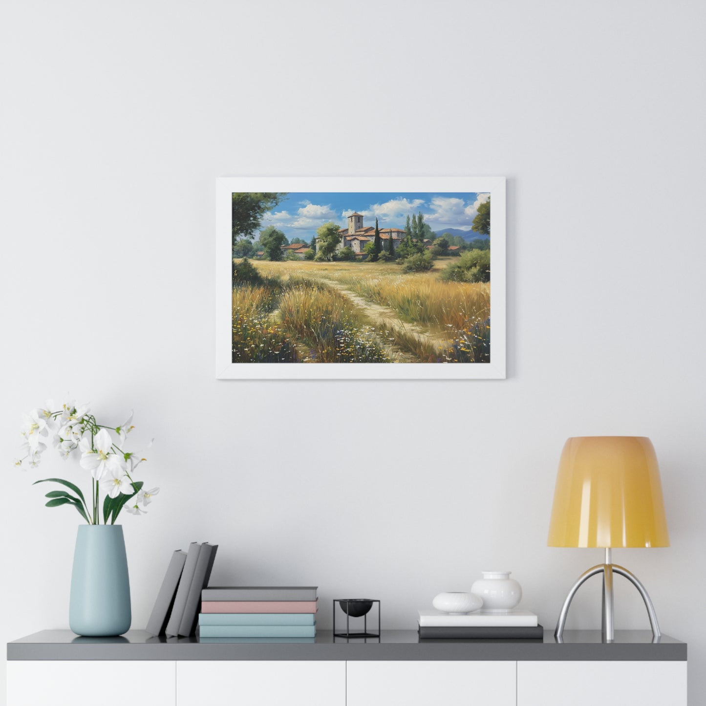 Rustic Countryside Landscape Wall Art - Framed Print for Farmhouse & Living Room