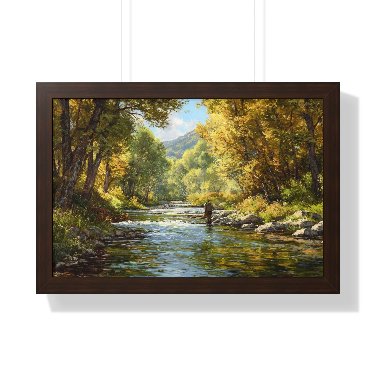River Fly Fishing Art Print for Cabin & Living Room - Framed Landscape Print