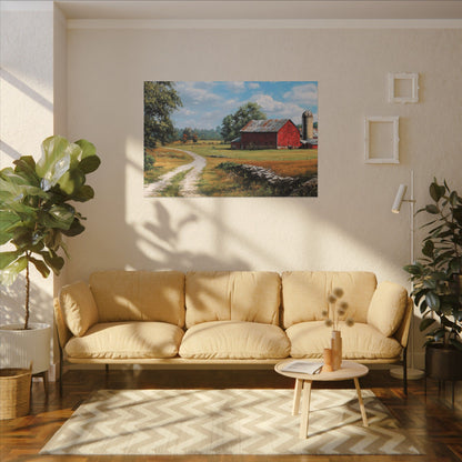 Country Farmhouse Canvas Wall Art — Red Barn Road Landscape Matte Stretched Print