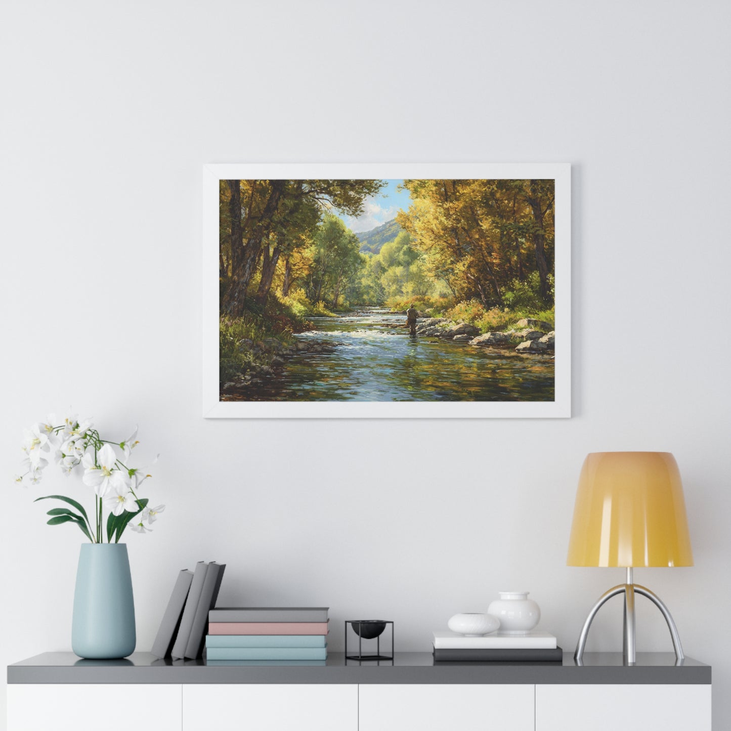 River Fly Fishing Art Print for Cabin & Living Room - Framed Landscape Print
