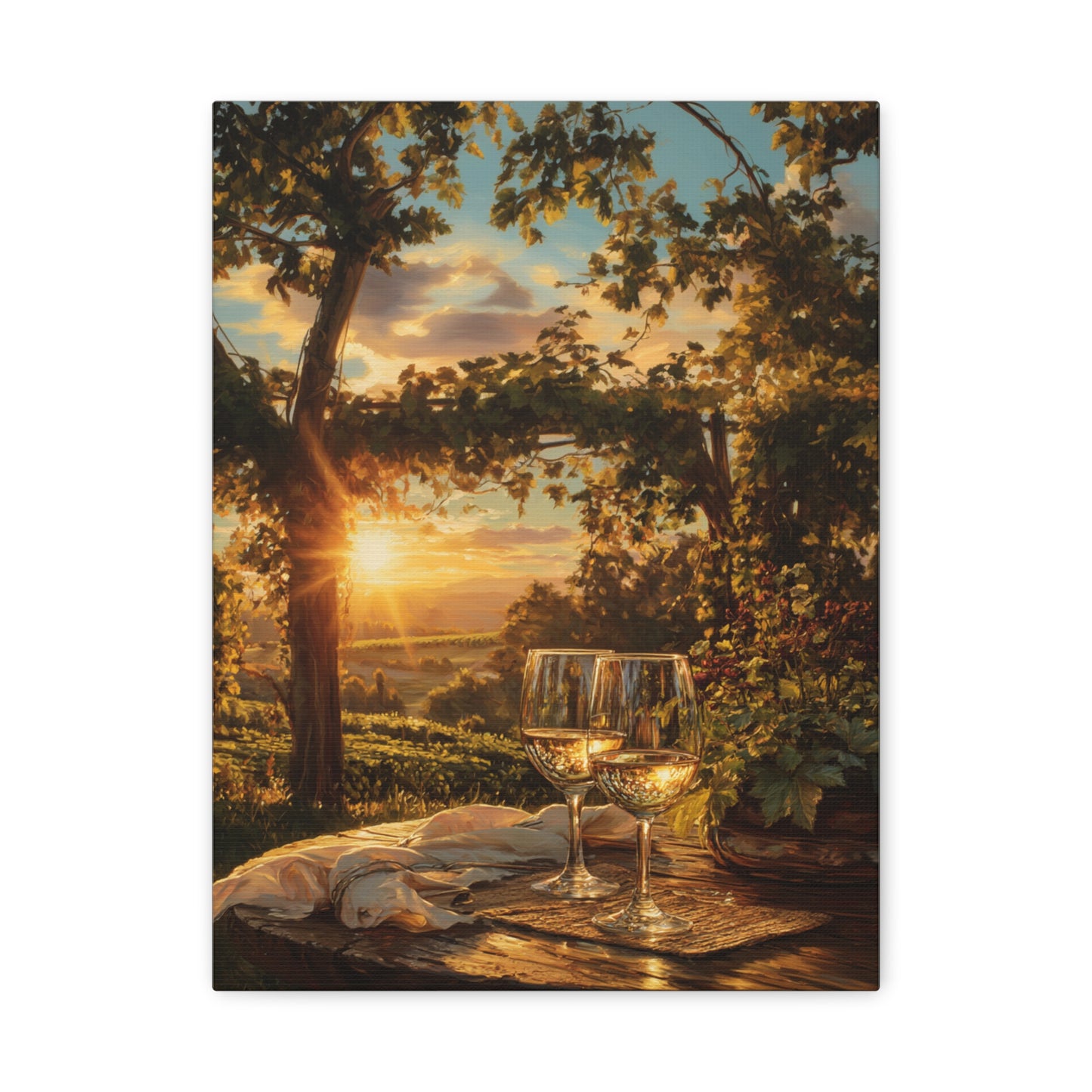Sunset Vineyard Canvas Wall Art – Wineglass Landscape Matte Stretched Print
