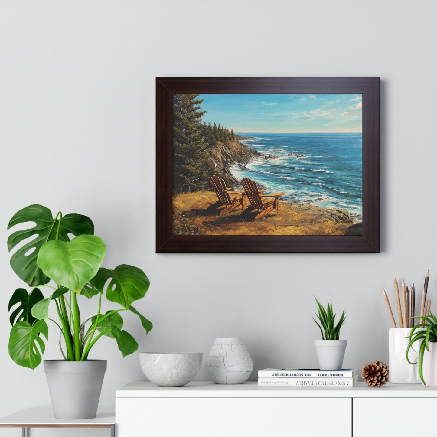 Coastal Clifftop Adirondack Chairs Framed Print — Beach Landscape Wall Art