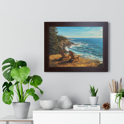 Coastal Clifftop Adirondack Chairs Framed Print — Beach Landscape Wall Art