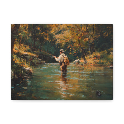 Vintage Fly Fisherman River Scene Matte Stretched Canvas (1.25")