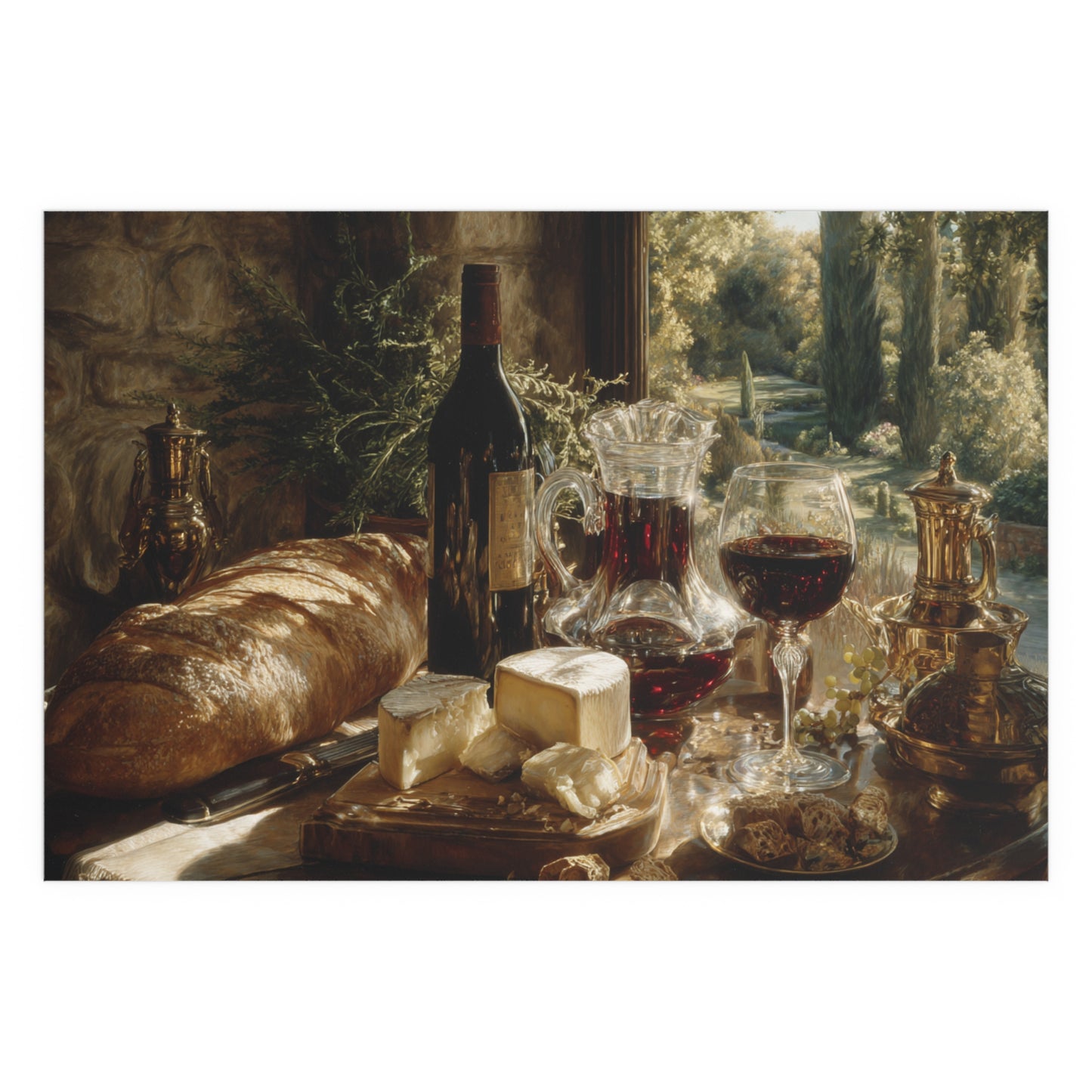 Vintage Still Life Bread Wine Cheese - Silk Paper Print
