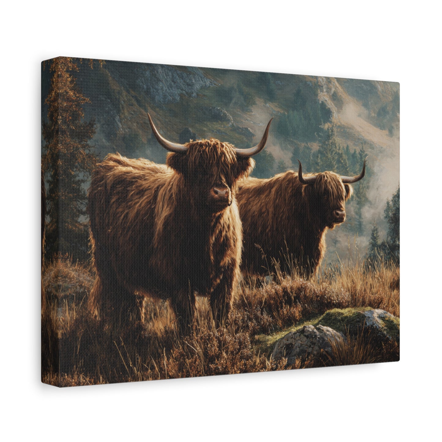 Highland Cow Canvas Print – Rustic Scottish Cattle Landscape Wall Art