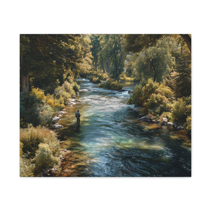 River Fishing Canvas Wall Art — Serene Forest Stream Matte Stretched Print