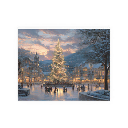 Christmas Village on Skates Silk Print — Illuminated Holiday Tree Winter Scene
