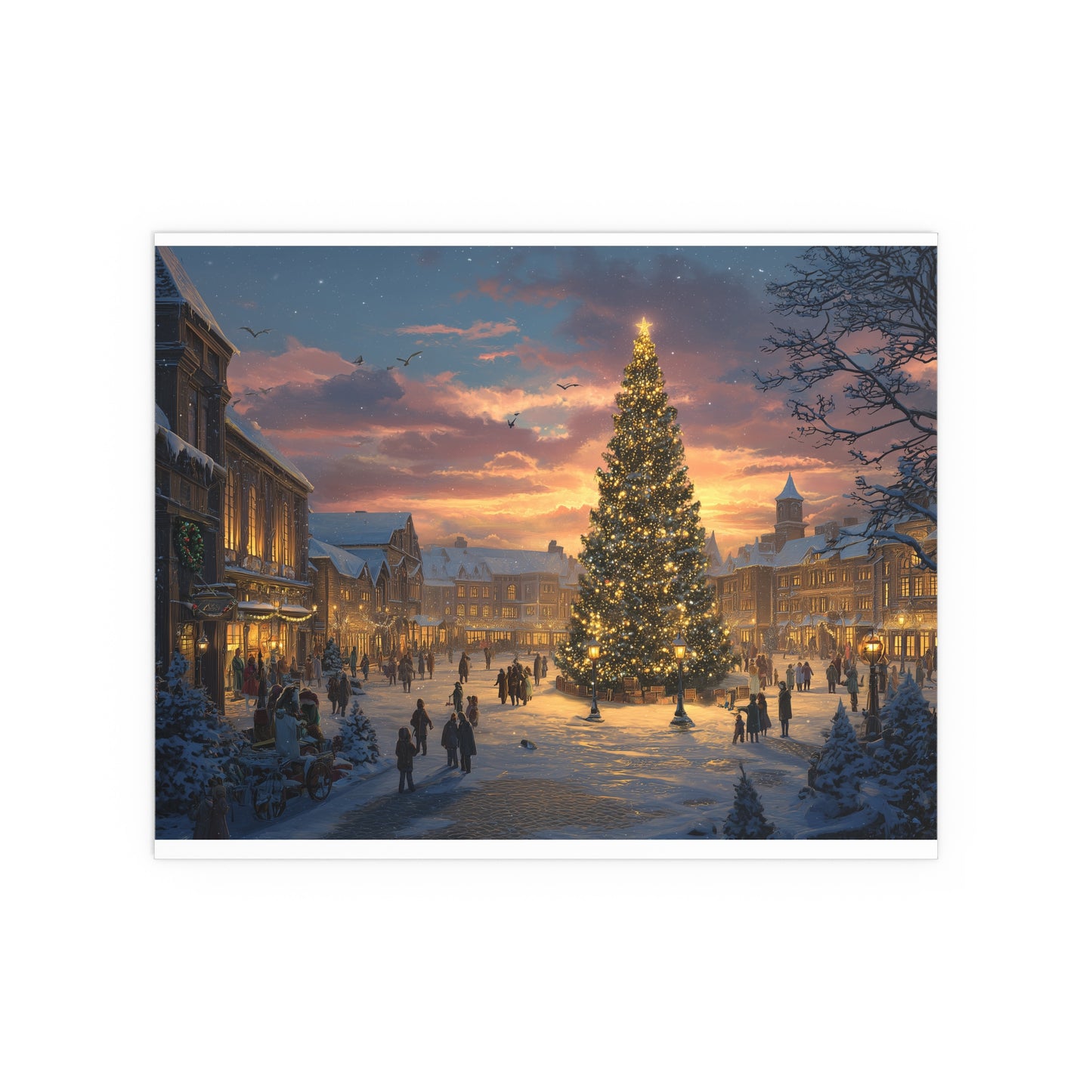 Christmas Town Square Silk Paper Print — Holiday Tree at Sunset