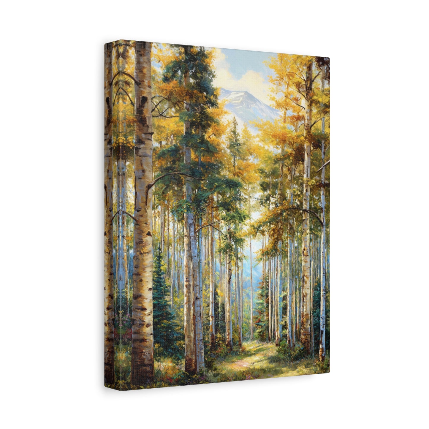 Aspen Forest Path Vertical Canvas Print — Serene Woodland Wall Art