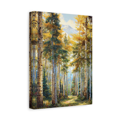 Aspen Forest Path Vertical Canvas Print — Serene Woodland Wall Art