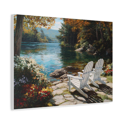 Canvas Print - Lakeside Adirondack Chairs Scenic Wall Art (Matte Stretched)