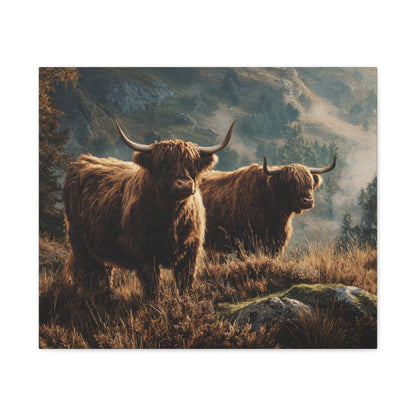 Highland Cow Canvas Print – Rustic Scottish Cattle Landscape Wall Art