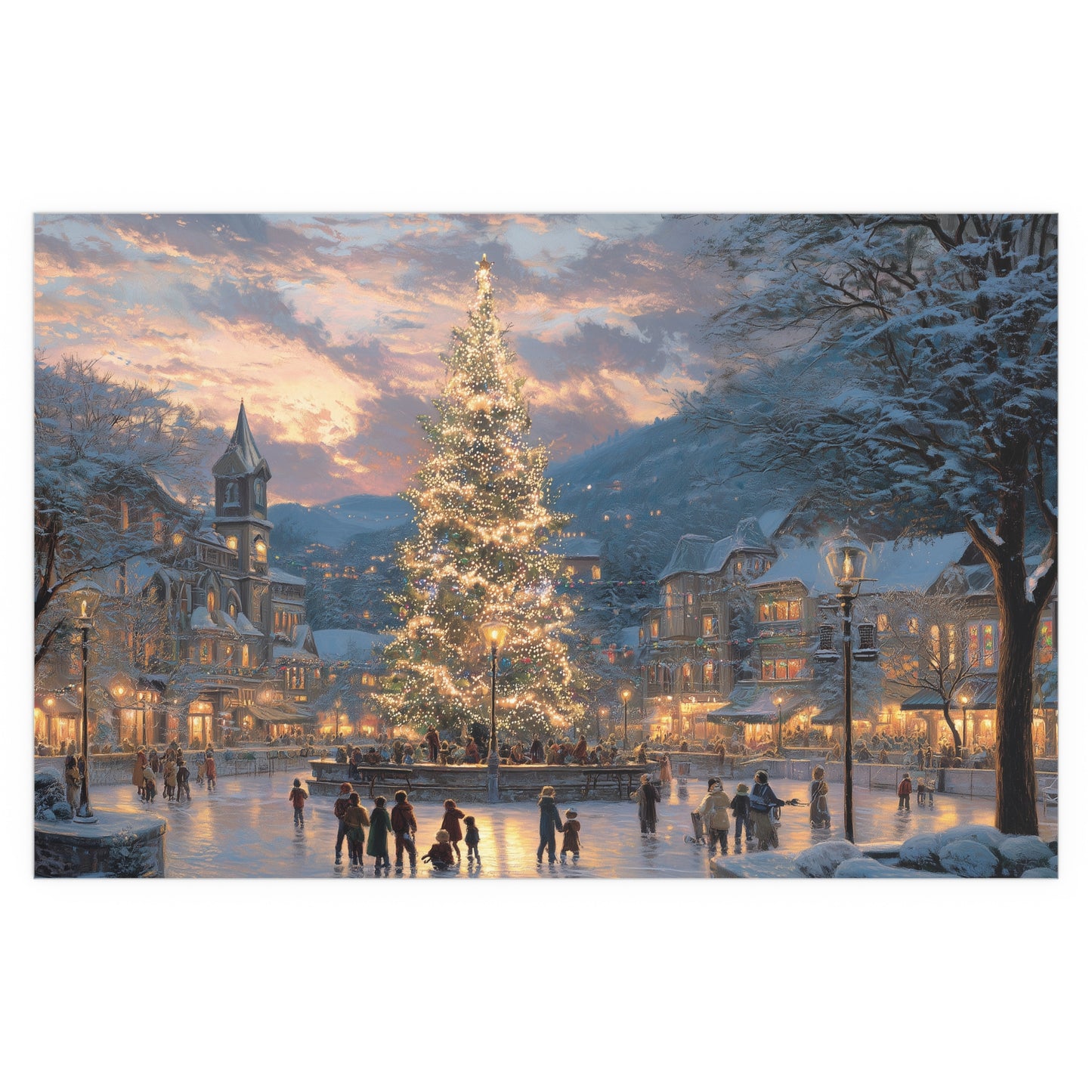 Christmas Village on Skates Silk Print — Illuminated Holiday Tree Winter Scene
