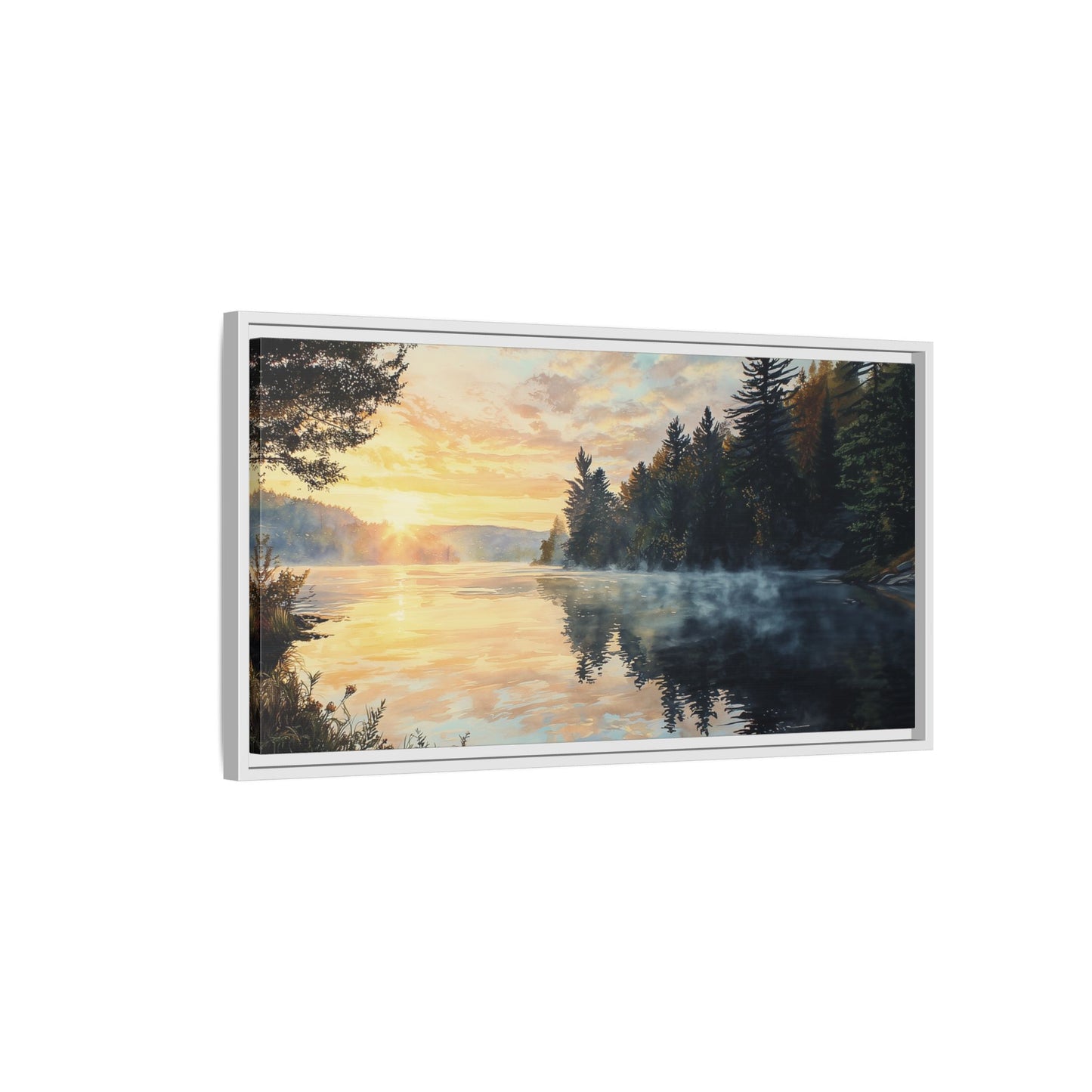 Sunrise Lake Framed Canvas Print — Forest Reflection Wall Art