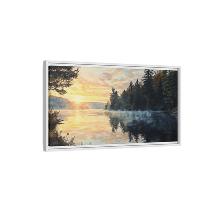 Sunrise Lake Framed Canvas Print — Forest Reflection Wall Art