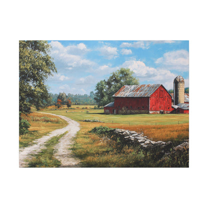 Country Farmhouse Canvas Wall Art — Red Barn Road Landscape Matte Stretched Print