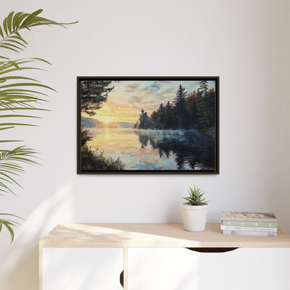 Sunrise Lake Framed Canvas Print — Forest Reflection Wall Art