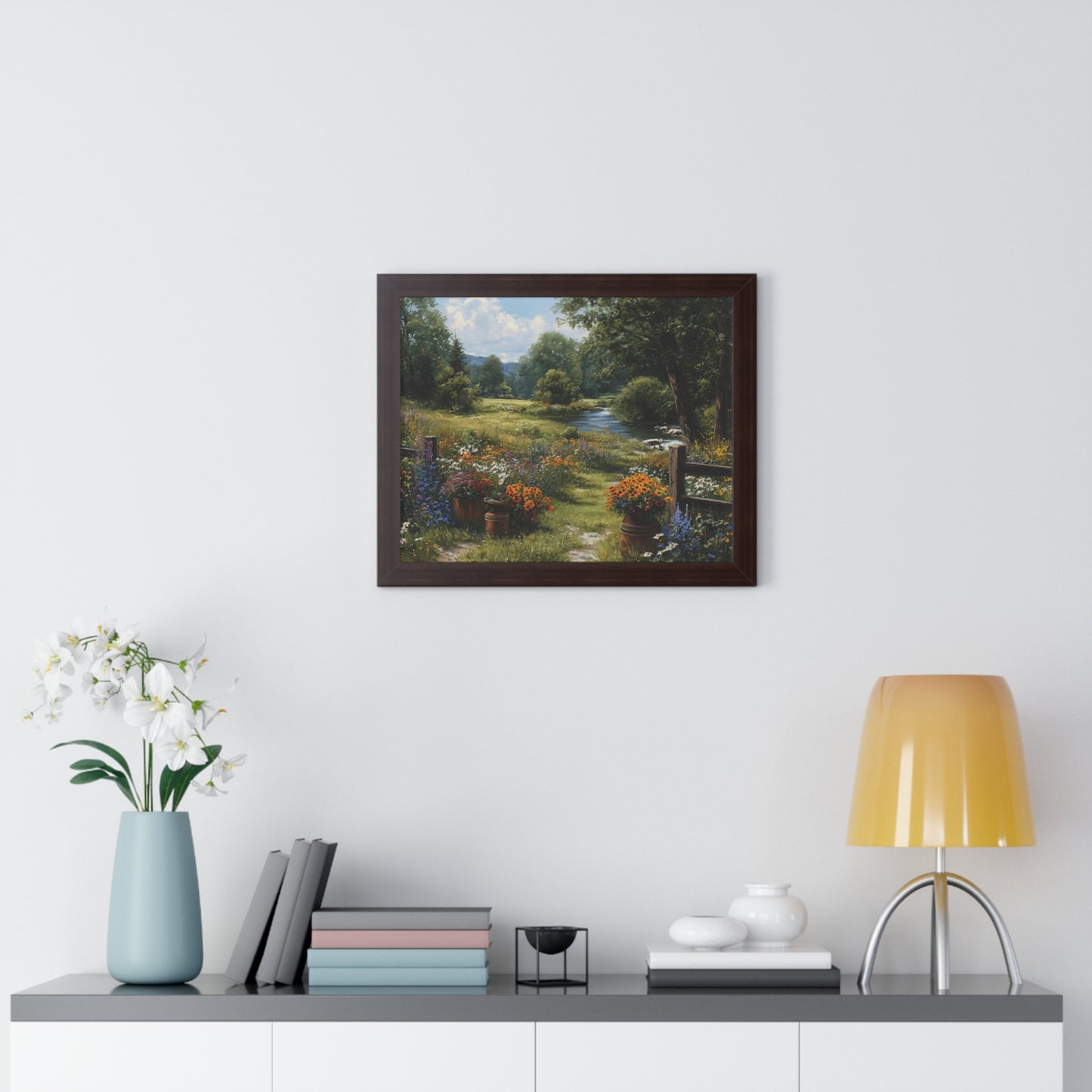 Serene Country Meadow Landscape Print - Framed Print