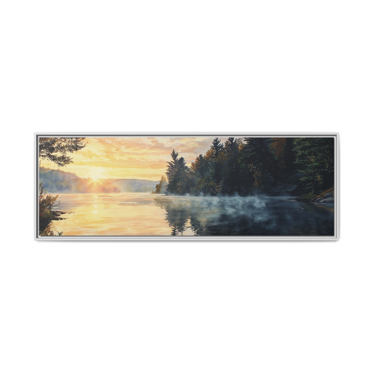 Sunrise Lake Framed Canvas Print — Forest Reflection Wall Art