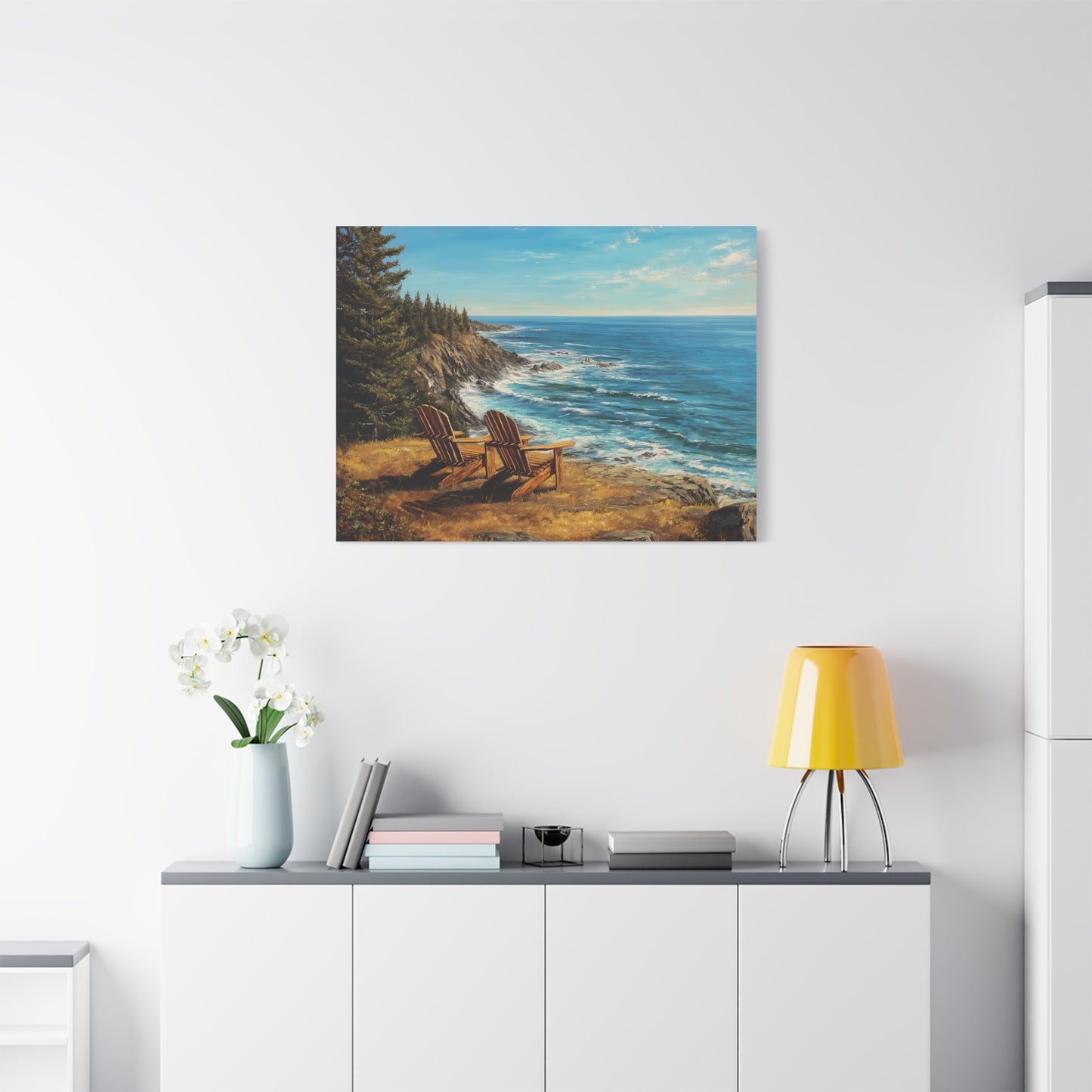 Coastal Cliffs Canvas Wall Art — Adirondack Chairs Overlooking Ocean Seascape
