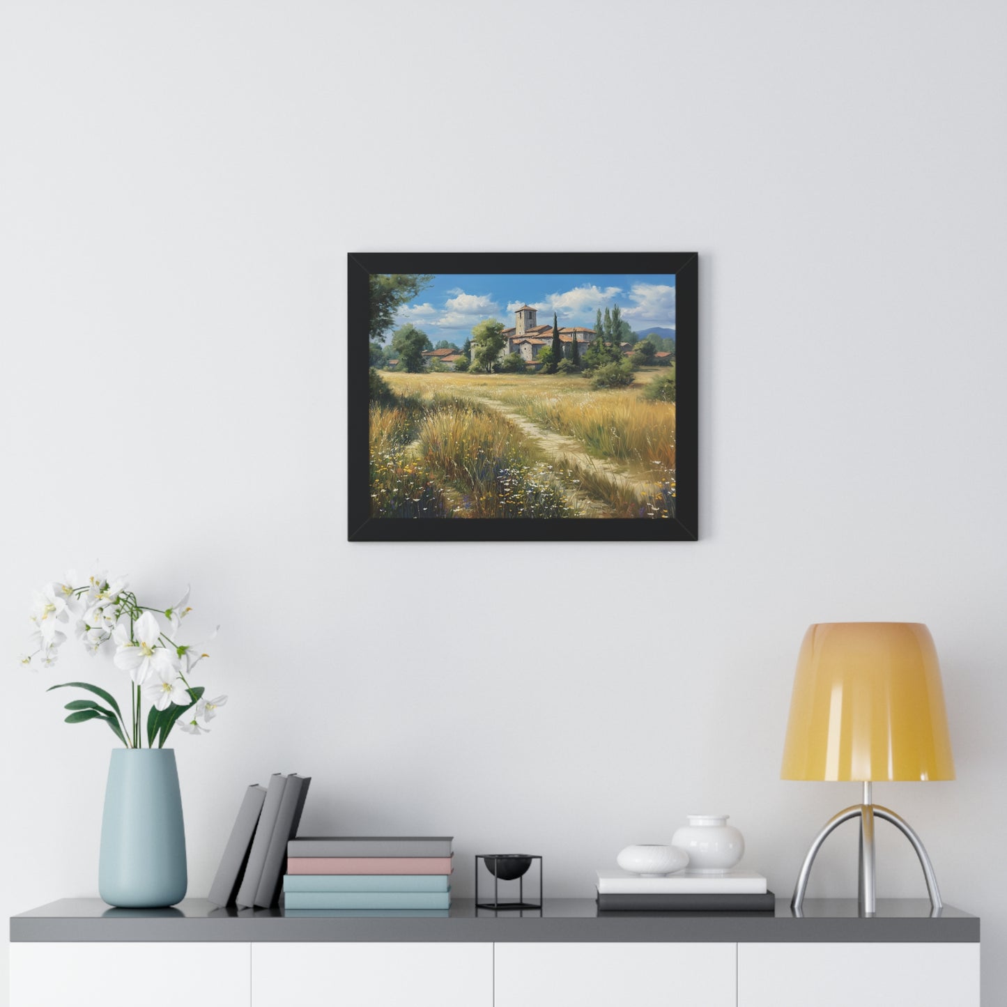 Rustic Countryside Landscape Wall Art - Framed Print for Farmhouse & Living Room