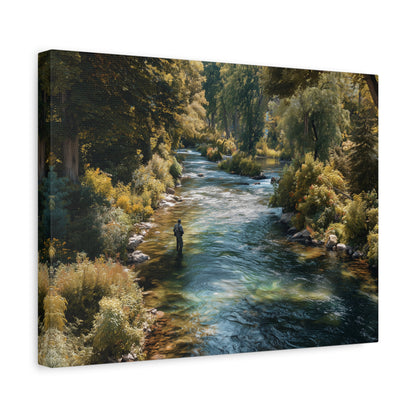 River Fishing Canvas Wall Art — Serene Forest Stream Matte Stretched Print